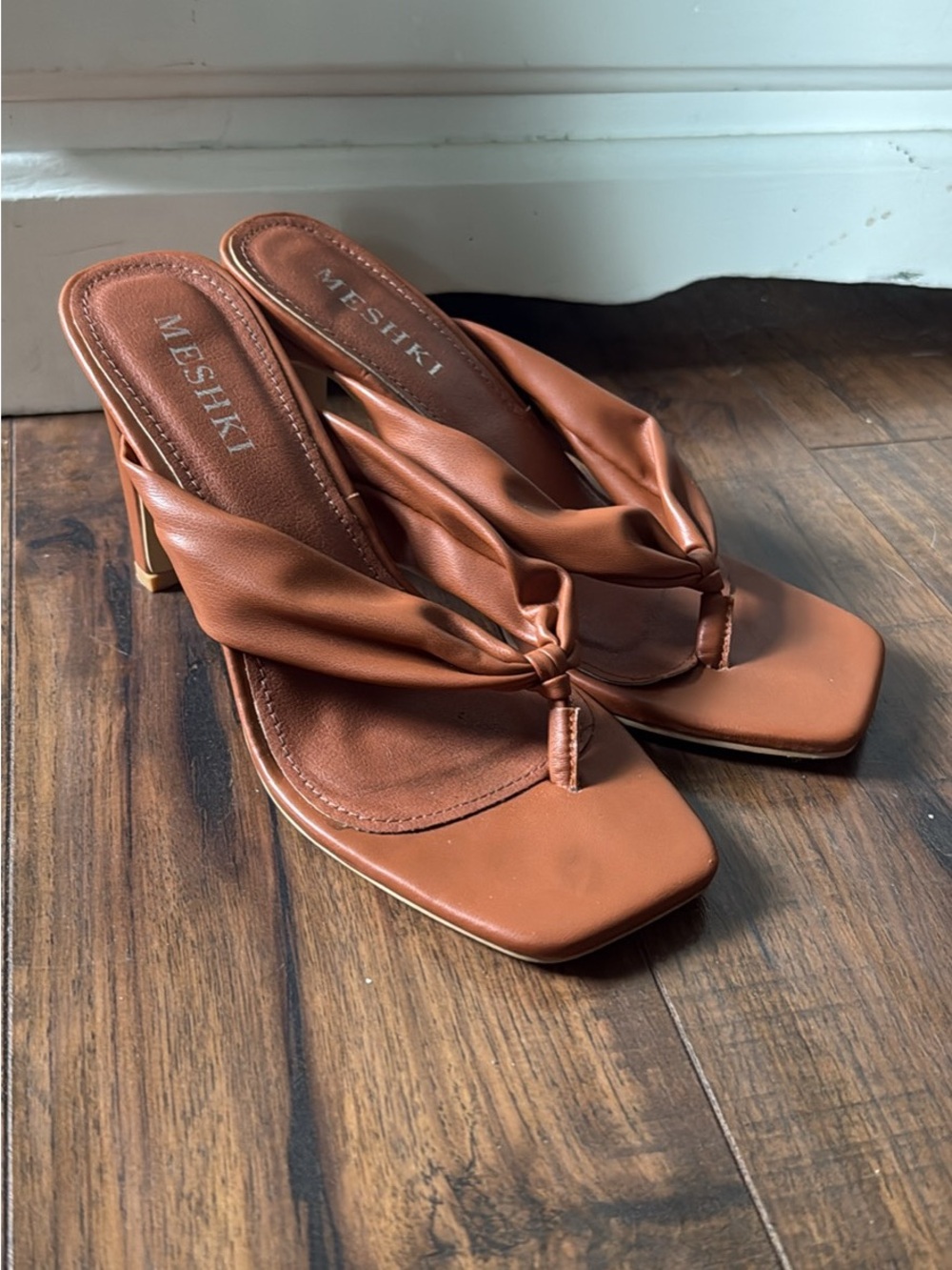 Meshki Tan Knotted Toe-Post Heeled Mules